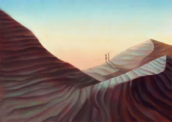 Rule 34 | 1girl, blue sky, clear sky, commentary request, desert, dress, food, full body, nuq, original, red dress, sand dune, scenery, short hair, shrimp, shrimp tempura, sky, solo, standing, tempura, wide shot