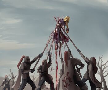 1girl 5boys ambiguous_gender armor black_gloves bleeding blonde_hair blood blood_drip blood_drop blood_on_clothes bloody_weapon blue_bow blue_dress blue_sky blue_thighhighs bow braid breastplate cape chainmail clear_sky covered_eyes covered_face death dress execution facing_another fate/grand_order fate_(series) gauntlets gloves grey_armor grey_pants grey_shirt guro helmet highres holding holding_polearm holding_weapon impaled janne_d&#039;arc jeanne_d&#039;arc_(fate) knight leg_armor long_sleeves looking_at_another looking_up midair mountain mountainous_horizon multiple_boys outdoors pants plume polearm ree_(ray18g) scabbard sheath shirt shoes shoulder_armor single_braid sky thighhighs tree weapon white_cape white_shoes