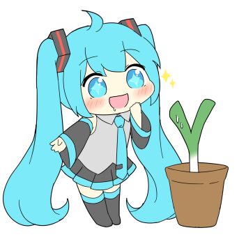 +_+ 1girl :d ahoge bare_shoulders black_boots black_skirt black_sleeves blue_eyes blue_hair blue_necktie blush boots chibi chibi_only collared_shirt commentary_request detached_sleeves double-parted_bangs drooling flat_color flower_pot full_body grey_shirt hand_up hatsune_miku highres long_hair long_sleeves miniskirt necktie nukotun open_mouth pleated_skirt shirt simple_background skirt sleeveless sleeveless_shirt smile solo sparkle spring_onion standing sweat thigh_boots thighhighs tie_clip twintails very_long_hair vocaloid white_background wide_sleeves zettai_ryouiki