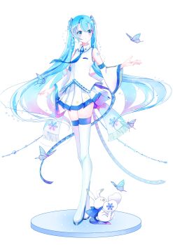 Rule 34 | 1girl, absurdres, aqua eyes, aqua hair, aqua trim, arm tattoo, blue butterfly, blue necktie, bug, butterfly, closed mouth, collared shirt, commentary request, detached sleeves, full body, grey skirt, hair between eyes, hair ornament, hatsune miku, headphones, headset, highres, insect, long hair, long sleeves, looking at another, mimoto s, necktie, number tattoo, official alternate costume, pleated skirt, shirt, simple background, skirt, sleeveless, sleeveless shirt, smile, snowflakes, solo, tattoo, thick thighs, thighhighs, thighs, twintails, very long hair, vocaloid, white background, white shirt, wide sleeves, yuki miku, yuki miku (2010), zettai ryouiki