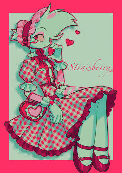 1boy absurdres angel_dust bag blush_stickers border bow bowtie center_frills chromatic_aberration closed_mouth colored_sclera commentary_request corset crossdressing crossdressing_(mtf) dress drop_shadow elbow_carry english_text extra_arms eyeshadow facial_mark film_grain food frilled_bag frilled_bowtie frilled_dress frilled_hairband frilled_sleeves frills from_side fruit full_body furry furry_male grey_background hairband halftone halftone_background hand_up handbag hazbin_hotel heart heart-shaped_bag hellaverse highres holding holding_bag holding_food holding_fruit invisible_chair looking_at_viewer makeup male_focus mary_janes medium_dress menma_(enaic31) outline outside_border pink_eyeshadow pink_hairband plaid_clothes plaid_dress profile puffy_short_sleeves puffy_sleeves red_bag red_border red_bow red_bowtie red_corset red_dress red_eyes red_outline red_shoes shoes short_sleeves signature simple_background sitting smile solo strawberry white_fur yellow_sclera