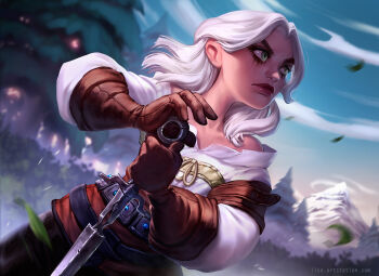 1girl absurdres artist_name artstation_username brown_gloves ciri day gloves green_eyes highres holding holding_sword holding_weapon ilse_harting looking_to_the_side outdoors shirt sword the_witcher_(series) the_witcher_3 watermark weapon web_address white_hair white_shirt