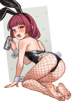 1girl :d absurdres all_fours animal_ears ass black_leotard black_nails bocchi_the_rock! cameltoe can earrings fake_animal_ears fake_tail feet fishnet_pantyhose fishnets from_behind full_body hakai_no_ika highres hiroi_kikuri holding holding_can jewelry legs leotard nail_polish no_shoes open_mouth pantyhose playboy_bunny purple_eyes rabbit_ears rabbit_tail red_hair sharp_teeth smile soles solo tail teeth toenail_polish toenails toes triangle_earrings wrist_cuffs