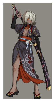 Rule 34 | 1girl, absurdres, arm up, bell, black gloves, blush, breasts, bridal gauntlets, chinese commentary, commentary request, dark-skinned female, dark skin, ebonyxh, eyes visible through hair, freckles, full body, gloves, grey background, hair over one eye, highres, japanese clothes, katana, looking at viewer, messy hair, nail polish, obi, obijime, open mouth, original, pointy breasts, ringed eyes, rise of the ronin, sash, scabbard, sheath, short hair, simple background, small breasts, eylin eyla (ebonyxh), solo, standing, sweat, sword, toenail polish, toenails, weapon, weapon on back, white background, white hair, yellow eyes, yellow nails