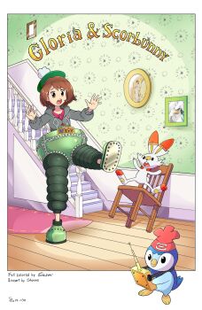 1girl absurdres animal_ears artist_collaboration bird bob_cut brown_hair carpet character_name controller cosplay english_text gen_1_pokemon gen_4_pokemon gen_8_pokemon gloria_(pokemon) grey_sweater hat highres mechanical_legs nintendo open_mouth panicking pants parody penguin photo_(object) picture_frame pidgeot piplup pokemon pokemon_swsh rabbit_ears railing remote_control scorbunny selene_(pokemon) shoxxe siczak sirfetch&#039;d stairs sweater tam_o&#039;_shanter twitch_plays_pokemon wallace_&amp;_gromit wooden_floor