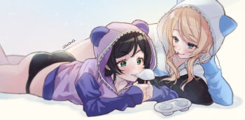 Rule 34 | 2girls, animal hood, artist name, ass, ayase eli, bad id, bad pixiv id, black hair, black panties, blonde hair, blue eyes, food, food request, green eyes, head rest, hood, hood up, hooded jacket, jacket, long hair, long sleeves, looking at another, love live!, love live! school idol festival, love live! school idol project, lying, mochi, mouth hold, multiple girls, no pants, on side, on stomach, panties, sidelocks, tojo nozomi, underwear, v-shaped eyebrows, wrapper, yuri, zawawa (satoukibi1108)