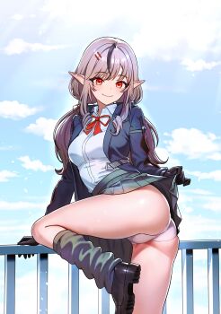 1girl absurdres arm_support ass black_gloves black_hair black_shoes black_skirt black_socks blue_jacket breasts closed_mouth clothes_lift cloud cloudy_sky collared_shirt commission crotch_seam day dress_shirt foot_out_of_frame gloves hair_ornament hairclip highres jacket leg_up lifting_own_clothes long_hair long_sleeves looking_at_viewer loose_socks low_twintails medium_breasts mr_tangsuyuk multicolored_hair neck_ribbon open_clothes open_jacket original outdoors panties parallel_hairclips pink_hair pink_panties pleated_skirt pointy_ears railing red_eyes red_ribbon ribbon school_uniform shirt shoes skirt skirt_lift sky smile socks solo standing standing_on_one_leg streaked_hair twintails underwear white_shirt