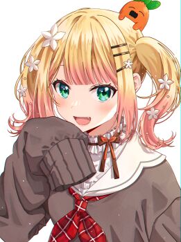 1girl :d absurdres blonde_hair blush brown_cardigan brown_sweater cardigan collar commentary_request fang flower frilled_collar frills gradient_hair green_eyes hair_flower hair_ornament hairclip hand_up highres hololive long_sleeves looking_at_viewer medium_hair momosuzu_nene momosuzu_nene_(casual) multicolored_hair neckerchief nekko_(momosuzu_nene) official_alternate_costume official_alternate_hair_length official_alternate_hairstyle ojyomu on_head open_mouth pink_hair red_neckerchief sailor_collar simple_background sleeves_past_fingers sleeves_past_wrists smile sweater twintails upper_body virtual_youtuber white_background white_flower white_sailor_collar