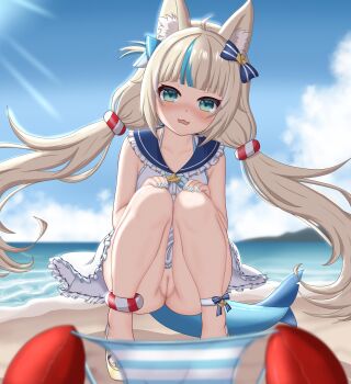 1girl :3 absurdres ahoge animal_ear_fluff animal_ears ankle_bow ankle_ribbon azunyart beach bikini blonde_hair blue_bikini blue_bow blue_eyes blue_nails blue_sailor_collar blue_sky blue_streaks blunt_bangs blurry blurry_background blurry_foreground blush bow bucket cat_ears cleft_of_venus cloud cloudy_sky crab day depth_of_field dress fang fins fish_girl fish_tail flat_chest frilled_dress frilled_sailor_collar frills full_body hair_bow halterneck hands_on_own_knees highres indie_virtual_youtuber kaniki_(sameko_saba) knees_together_feet_apart lifebuoy_anklet lifebuoy_hair_ornament loli long_hair looking_at_viewer low_twintails multicolored_hair nail_polish no_panties nose_blush ocean one_side_up open_mouth outdoors pussy ribbon sailor_collar sailor_dress sameko_saba sand sand_bucket sandals sky solo squatting streaked_hair striped_bikini striped_clothes sun swimsuit tail toenail_polish toenails toes twintails two-tone_hair uncensored unworn_bikini_bottom variant_set very_long_hair virtual_youtuber white_dress