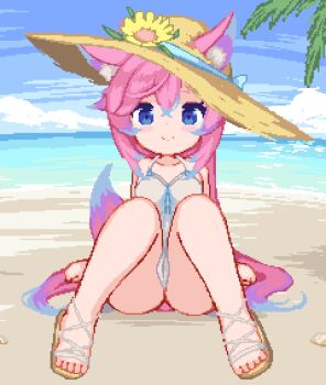 1girl animal_ears animated animated_gif beach blue_eyes blue_sky blush brown_headwear censored cleft_of_venus closed_mouth cloud cum cum_in_pussy cum_overflow ears_through_headwear fang flower flower_as_hat full_body hat heart heart-shaped_pupils hinainf indie_virtual_youtuber loli long_hair looking_at_viewer mosaic_censoring ocean one_eye_closed open_mouth original penis pink_hair pixel_art pussy sand sandals sex sitting skin_fang sky smile solo_focus spread_legs spread_pussy straw_hat symbol-shaped_pupils tail teletha_(vtuber) vaginal virtual_youtuber