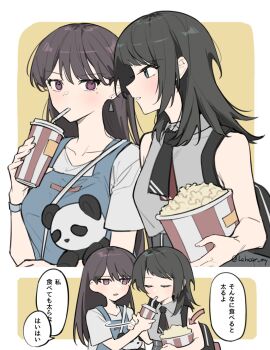 2girls bang_dream! bang_dream!_it&#039;s_mygo!!!!! black_hair blue_eyes blue_overalls breasts closed_eyes commentary drinking_straw drinking_straw_in_mouth food grey_shirt highres lehcar long_hair medium_breasts medium_hair multiple_girls overalls popcorn purple_eyes red_eyes shiina_taki shirt sleeveless sleeveless_shirt stuffed_animal stuffed_panda stuffed_toy white_shirt yahata_umiri