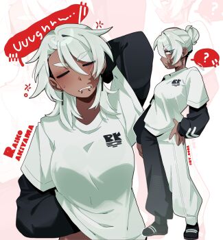 Rule 34 | 1girl, absurdres, casual, character name, commentary, earrings, english commentary, hair bun, highres, jewelry, necktie, ny 000a, original, piercing, scar, scar on face, sleepy, tan, variations, white background, white hair