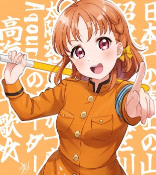 1girl :d ahoge armband blue_armband blush bow braid breast_pocket breasts coat_dress commentary dress glowstick hair_bow highres holding holding_glowstick ijigen_fes_idolmaster_love_live!_utagassen index_finger_raised kyaku_tasu long_sleeves looking_at_viewer love_live! love_live!_nijigasaki_high_school_idol_club love_live!_sunshine!! medium_breasts medium_hair open_mouth orange_background orange_dress orange_hair outline penlight_(glowstick) pleated_dress pocket red_eyes ryouran!_victory_road_(love_live!) side_braid signature smile solo takami_chika teeth text_background translation_request upper_body upper_teeth_only v-shaped_eyebrows white_outline yellow_bow