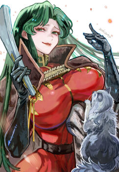 1girl black_gloves breasts cima_garahau commentary dated english_commentary gloves green_eyes green_hair gundam gundam_0083 hand_fan highres holding holding_fan large_breasts long_hair looking_at_viewer military_uniform okrdisk2000 sketch smile very_long_hair white_background zeon