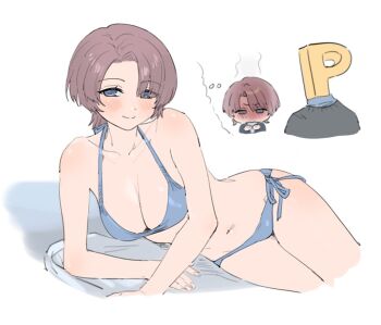 Rule 34 | 1boy, 1girl, arimura mao, bikini, blue bikini, blush, breasts, gakuen idolmaster, idolmaster, large breasts, p-head producer, producer (idolmaster), qopqop, speech bubble, swimsuit, thought bubble, white background