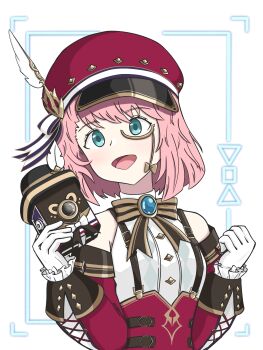 camera charlotte_(genshin_impact) cross-laced_clothes cross-laced_sleeves detached_sleeves genshin_impact gloves hat hat_feather highres holding holding_camera monocle newsboy_cap puffy_detached_sleeves puffy_sleeves red_sleeves suspenders white_gloves