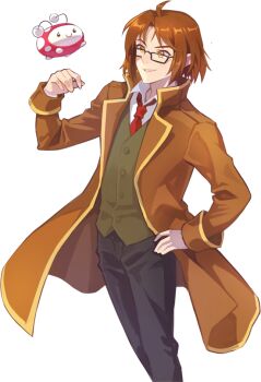 Rule 34 | 1boy, ahoge, antennae, artist request, black-framed eyewear, black pants, brown coat, brown hair, brown sleeves, coat, collared coat, collared shirt, curtained hair, dress pants, glasses, green vest, grin, hand on own hip, happy, high collar, legs together, long sleeves, looking at another, male focus, maximin liebkne, necktie, nexon, official art, pants, rectangular eyewear, red necktie, second-party source, shirt, short hair, simple background, sleeve cuffs, smile, solo focus, standing, straight hair, tales weaver, tongue, transparent background, trench coat, tutu (tales weaver), undershirt, vest, waistcoat, white shirt, wing collar, yellow eyes