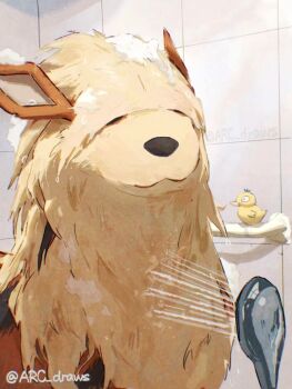 Rule 34 | arc draws, arcanine, closed mouth, foam, gen 1 pokemon, highres, indoors, nintendo, no humans, pokemon, pokemon (creature), rubber duck, shower head, solo, tile wall, tiles, twitter username, water, watermark, wet, yellow fur