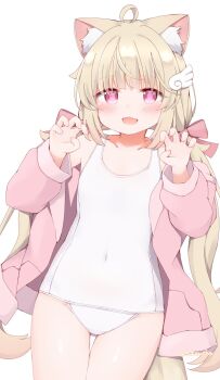 1girl animal_ear_fluff animal_ears blonde_hair blush breasts cat_ears cat_girl chiffon_(vrchat) claw_pose collarbone commentary_request fang hair_ornament hair_ribbon highres jacket long_hair long_sleeves looking_at_viewer low_twintails off-shoulder_jacket off_shoulder one-piece_swimsuit open_clothes open_jacket open_mouth pink_eyes pink_jacket pink_ribbon ribbon school_swimsuit small_breasts smile solo standing swimsuit tail tutsucha_illust twintails vrchat white_background white_one-piece_swimsuit white_school_swimsuit wing_hair_ornament