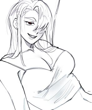 1girl alien_stage artist_name breasts camisole cleavage commentary crop_top english_commentary genderswap genderswap_(mtf) hair_over_one_eye highres ivan_(alien_stage) large_breasts long_hair navel open_mouth red_pupils rikouto smile solo spot_color