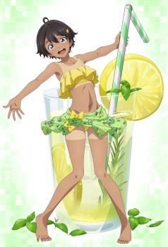 1girl :d absurdres ahoge barefoot bendy_straw bikini bikini_skirt bow bow_skirt breasts brown_hair commentary covered_navel dark-skinned_female dark_skin drinking_straw food food-themed_hair_ornament food_print frilled_bikini frills fruit fruit_print full_body gradient_background green_background green_skirt hair_between_eyes hair_ornament head_tilt highres holding holding_drinking_straw knees_together_feet_apart leaf leaning_back lemon lemon_hair_ornament lemon_slice looking_at_viewer loose_hair_strand make_heroine_ga_oo_sugiru! marusankaku midriff mini_person minigirl mint mojito open_mouth original outstretched_arms print_skirt purple_eyes shirt_tan short_hair shorts_tan skirt small_breasts smile solo spaghetti_strap spread_fingers standing swimsuit tan tanline tiptoes toes tomboy very_short_hair white_background yakishio_lemon yellow_bikini yellow_bow