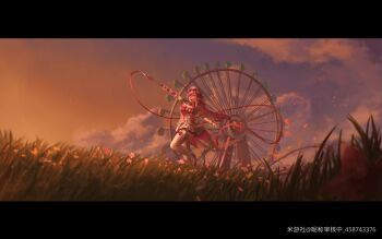 Rule 34 | 1girl, absurdres, beret, breasts, chinese commentary, commentary request, diamond-shaped pupils, diamond (shape), dress, elf, elysia (hi love elf) (honkai impact), elysia (honkai impact), ferris wheel, gloves, grass, hat, highres, holding ribbon baton, honkai (series), honkai impact 3rd, large breasts, letterboxed, long hair, miyoushe watermark, multicolored hair, open mouth, outdoors, pink hair, pointy ears, purple hair, qiu autumn zhu, scenery, sky, smile, solo, symbol-shaped pupils, thighhighs, two-tone hair, very long hair, watermark, white dress, white gloves, white hair, white thighhighs