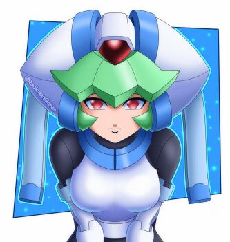 1girl absurdres armor blue_background breasts covered_eyes green_hair helmet helmet_over_eyes highres looking_at_viewer medium_breasts mega_man_(series) mega_man_zx model_w_(mega_man) pandora_(mega_man) red_eyes rockmangrave simple_background solo twitter_username upper_body white_armor white_background