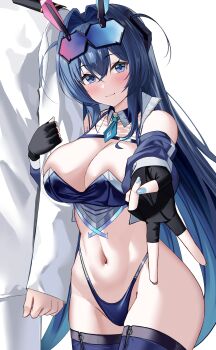 1boy 1girl :3 azur_lane bare_shoulders blue_eyes blue_hair blue_nails blue_panties blue_shrug blue_thighhighs blush breasts chest_strap cleavage closed_mouth commander_(azur_lane) commentary_request detached_collar eyewear_on_head fingerless_gloves gloves head_out_of_frame highres large_breasts long_hair looking_at_viewer navel necktie new_jersey_(azur_lane) new_jersey_(black_blur_prelude)_(azur_lane) outstretched_hand panties race_flag race_queen short_necktie shrug_(clothing) thighhighs underwear v very_long_hair wynnblue