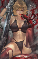 Rule 34 | blonde hair, finger to mouth, gun, hellsing, highres, holding, holding weapon, lingerie, non-web source, nopeys, red eyes, seras victoria, underwear, vampire, weapon