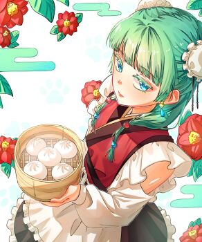 Rule 34 | 1girl, apron, black skirt, blue eyes, bun cover, closed mouth, colored eyelashes, detached sleeves, double bun, dress, dumpling, earrings, flower, food, frilled dress, frilled sleeves, frills, from above, green hair, hair bun, highres, holding, jewelry, kusuriya no hitorigoto, looking to the side, maid, maid apron, maomao (kusuriya no hitorigoto), nyangnyang19770, red dress, red flower, simple background, skirt, solo, twintails, white background, white sleeves