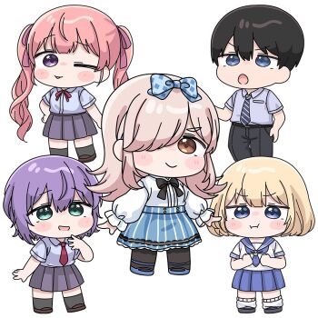 1boy 4girls :d :i :o ;p amano_erika black_hair black_pantyhose black_socks blonde_hair blue_bow blue_eyes blue_neckerchief blue_sailor_collar blue_shoes blue_skirt bow brown_eyes brown_hair brown_shoes chibi closed_mouth collared_shirt commentary_request dress_shirt green_eyes grey_shirt grey_skirt hair_between_eyes hair_bow hair_over_one_eye hair_ribbon highres kakkou_no_iinazuke long_sleeves loose_socks mochimiko mochizuki_ai_(kakkou_no_iinazuke) multiple_girls neckerchief necktie official_art one_eye_closed open_mouth pantyhose pink_hair pink_ribbon pleated_skirt pout puffy_long_sleeves puffy_sleeves purple_eyes red_necktie ribbon sailor_collar school_uniform segawa_hiro serafuku shirt shoes short_eyebrows short_sleeves simple_background skirt smile socks striped_clothes striped_skirt thick_eyebrows tongue tongue_out umino_nagi umino_sachi_(kakkou_no_iinazuke) v-shaped_eyebrows vertical-striped_clothes vertical-striped_skirt white_background white_shirt white_socks