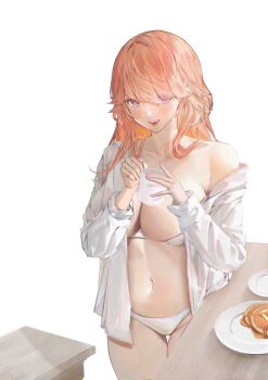 1girl absurdres alternate_costume bra breasts cleavage cup food highres holding holding_cup hololive hololive_english large_breasts looking_at_viewer navel orange_hair pancake panties purple_eyes satoki shirt smile solo takanashi_kiara underwear virtual_youtuber white_bra white_panties white_shirt