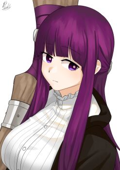 Rule 34 | 1girl, absurdres, black coat, breasts, coat, dress, fern (sousou no frieren), highres, hime cut, large breasts, long sidelocks, looking at viewer, marucody, purple eyes, purple hair, sidelocks, sousou no frieren, staff, torso, white background, white dress