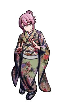 1girl breasts byobugaura_homare double_v floral_print floral_print_kimono full_body hair_bun hands_up highres japanese_clothes kimono long_sleeves looking_at_viewer obi official_art pink_eyes pink_hair print_kimono sandals sash short_hair sidelocks simple_background single_hair_bun smile socks solo standing thick_eyebrows tougen_anki urushibara_yura v white_background white_socks wide_sleeves zouri
