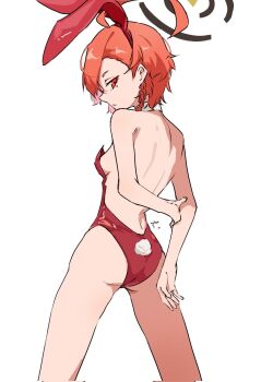 Rule 34 | 1girl, ahoge, animal ear hairband, animal ears, arms behind back, ass, back, backless leotard, blue archive, braid, breasts, detached collar, fake animal ears, from behind, hairband, halo, holding own arm, huge ahoge, kusakasato, legs apart, leotard, looking back, mole, mole under eye, neru (blue archive), neru (bunny) (blue archive), orange hair, playboy bunny, rabbit ear hairband, rabbit ears, rabbit tail, red eyes, red hairband, red leotard, short hair, side braid, small breasts, solo, standing