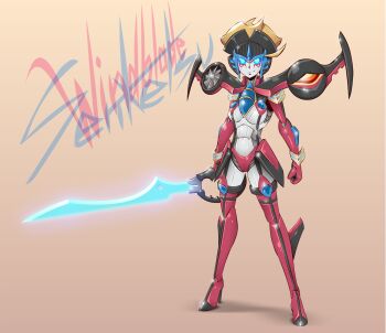 1girl autobot blue_eyes boots breasts crossover high_heel_boots high_heels highres kill_la_kill machine machinery makeup mecha mecha_girl mechanical_wings robot senketsu skirt sword thigh_boots thighhighs transformers weapon windblade windblade_(transformers) wings