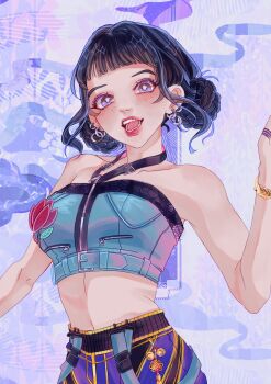 1girl black_hair bracelet commentary cowboy_shot double_bun freckles hair_bun halterneck highres jewelry kpop_demon_hunters looking_at_viewer midriff neru_scarlet open_mouth purple_eyes ring short_bangs sidelocks solo zoey_(kpop_demon_hunters)