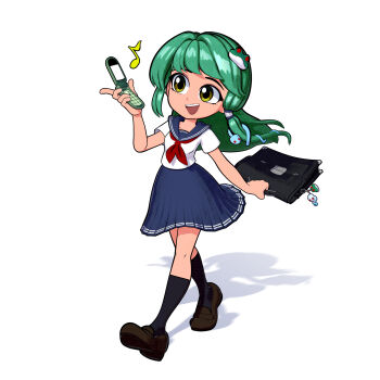 1girl 2000s 3d absurdres alternate_costume bag black_socks blue_skirt cellphone commentary contemporary english_commentary flip_phone frog_hair_ornament green_eyes green_hair hair_ornament highres holding holding_bag holding_phone kochiya_sanae long_hair musical_note open_mouth phone pleated_skirt sailor_collar school_bag school_uniform serafuku shadow shirt skirt smile snake_hair_ornament socks solo takki_thammawan touhou walking white_shirt
