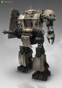 3d absurdres cable charleslin claws commentary concept_art cross emblem english_commentary glowing glowing_eye gun gundam helmet highres iron_cross machine_gun machinery mecha combat_helmet mobile_suit mobile_suit_gundam one-eyed radio_antenna realistic robot science_fiction shield stahlhelm steampunk tube weapon zaku_ii zeon