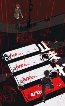 2boys absurdres aiming aiming_at_another akechi_gorou amamiya_ren bag black_bag black_gloves black_hair black_jacket black_pants blood brown_hair brown_jacket commentary_request corpse doran_(doran7280) from_above from_behind full_body gameplay_mechanics gloves gun highres holding holding_gun holding_weapon jacket multiple_boys outdoors outstretched_arm pants persona persona_5 plaid_clothes plaid_pants rain raining_blood ripples school_bag school_uniform short_hair shuujin_academy_school_uniform sidewalk standing timestamp translation_request walking weapon