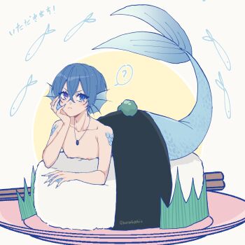 1boy ? bishounen blue_eyes blue_nails chopsticks ciel_phantomhive collarbone commentary fish food gills hand_on_own_cheek hand_on_own_face heterochromia highres jewelry kurosh00kie kuroshitsuji light_blush looking_to_the_side male_focus mermaid monster_boy monster_girl necklace nipples plate purple_eyes short_hair signature solo speech_bubble spoken_question_mark sushi symbol-only_commentary topless_male white_background