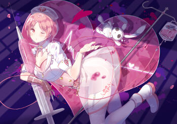1girl bandages belt blood boots breasts cardiogram character_request cleavage commentary_request domotolain elbow_gloves female_focus fingerless_gloves garter_straps gloves hat heart huge_breasts intravenous_drip lace lace-trimmed_legwear lace_trim miracle_nikki nail_polish neck_ribbon nikki_(series) nurse nurse_cap one_eye_closed oversized_object pink_eyes pink_hair red_nails ribbon see-through_clothes see-through_skirt short_hair single_elbow_glove skirt solo stitches stuffed_animal stuffed_rabbit stuffed_toy syringe thighhighs