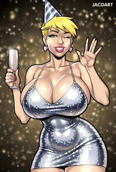 1girl absurdres artist_name blonde_hair breasts champagne_flute cleavage commentary cup dress drinking_glass english_commentary green_eyes hat highres holding holding_cup huge_breasts jacogramc looking_at_viewer lyza_(jacogram) mole mole_under_eye one_eye_closed original party_hat short_hair silver_dress sleeveless sleeveless_dress solo striped_hat winking_(animated)