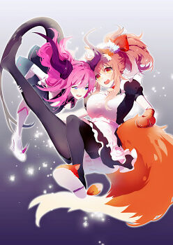2girls animal_ears apron arbitrary bell black_legwear blue_eyes blush breasts collar dragon_girl dress elizabeth_bathory_(fate) elizabeth_bathory_(fate/extra) elizabeth_bathory_(first_ascension)_(fate) fate/extra fate/extra_ccc fate/grand_order fate_(series) fox_ears fox_tail hair_ribbon highres horns large_breasts long_hair looking_at_viewer maid maid_apron multiple_girls neck_bell open_mouth panties pantyshot pink_hair pointy_ears ribbon striped_clothes striped_panties tail tamamo_(fate) tamamo_cat_(fate) tamamo_cat_(second_ascension)_(fate) tamamo_no_mae_(fate) underwear upskirt yellow_eyes