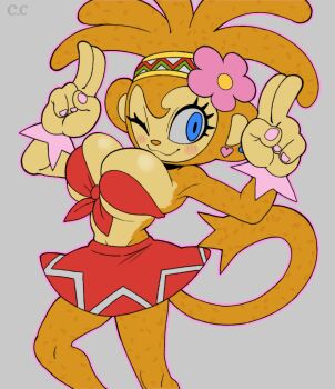 1girl amiga_(samba_de_amigo) animal_ears bandeau blue_eyes body_fur breasts brown_fur brown_hair champchidi cleavage earrings feet_out_of_frame fingernails front-tie_top full_body heart heart_earrings highres jewelry large_breasts looking_at_viewer miniskirt monkey_ears monkey_girl monkey_tail nail_polish one_eye_closed outline pink_nails pink_outline portuguese_commentary red_bandeau red_skirt samba_de_amigo skirt smile solo standing stud_earrings tail underboob updo