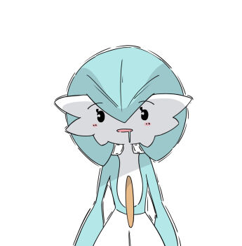 1girl alternate_color alternate_eye_color arms_at_sides black_eyes blank_stare blue_hair blue_skin blush bob_cut colored_skin drooling female_focus flat_chest gardevoir gen_3_pokemon hair_between_eyes looking_afar multicolored_skin nintendo open_mouth pokemon pokemon_(creature) saliva shiny_pokemon short_hair simple_background solo standing trembling tsutsu_izakura two-tone_skin upper_body white_background white_skin