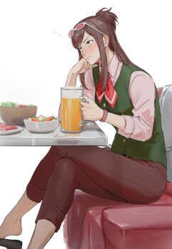 1girl ace_attorney alcohol beer beer_mug blush closed_mouth commentary cup ema_skye eyewear_on_head food green_vest highres long_hair looking_up mug neckerchief nyak_il pants red_neckerchief shirt sitting solo sunglasses symbol-only_commentary table vest white_background white_shirt