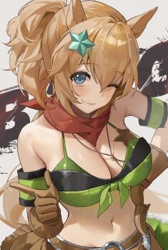 Rule 34 | 1girl, ;), absurdres, animal ears, aqua eyes, breasts, brown gloves, cleavage, gloves, grey background, hair ornament, hand on own hip, highres, horse ears, horse girl, horse tail, large breasts, looking at viewer, midriff, navel, one eye closed, orange hair, ponytail, short hair, simple background, smile, solo, star (symbol), star hair ornament, taiki shuttle (umamusume), tail, umamusume, yogukasu