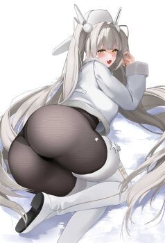 1girl alternate_costume ass ass_focus blanc_(fortune_express)_(nikke) blanc_(nikke) blush boots breasts cameltoe coat come_hither from_behind gloves goddess_of_victory:_nikke hat huge_ass long_hair looking_at_viewer looking_back naughty_face nevin_(flyskying) open_mouth orange_eyes pantyhose sideboob smile solo twintails very_long_hair white_hair