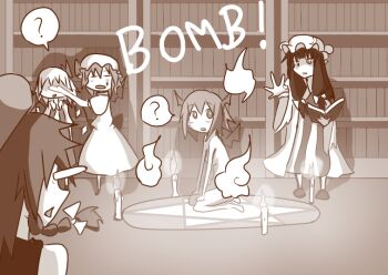 5girls :o =_= ? ascot bat_wings beret book bookshelf braid breasts bulging_eyes candle commentary_request convenient_censoring covering_another's_eyes covering_own_eyes crescent dress english_text eye_pop flandre_scarlet hair_ribbon hat head_wings hexagram holding holding_book hong_meiling koakuma long_hair looking_at_another low-tied_long_hair magic_circle mini_wings mob_cap monochrome multiple_girls no_headwear nude open_book patchouli_knowledge remilia_scarlet ribbon shaded_face short_hair sideboob smoke smoke_censor summoning surprised sweatdrop touhou tress_ribbon wings yogurt_bakudan